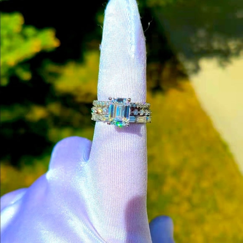 Solid 14k gold 3ct emerald moissanite ring and 2 bands in set